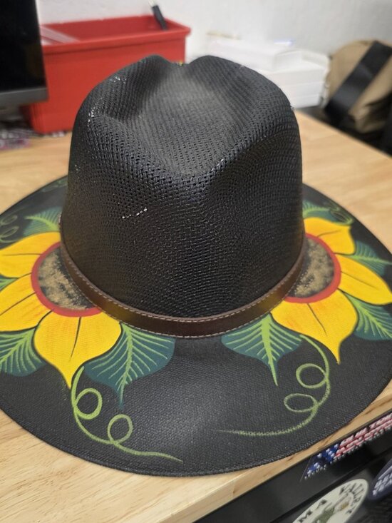 Sunflower Artisan Hat Hand Painted Fedora Floral Bohemian Black Straw SIZE M main image 4